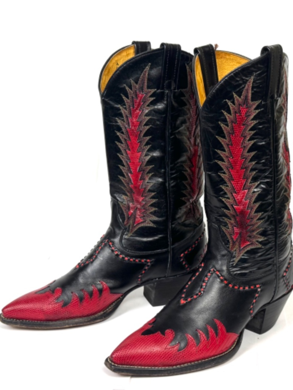 Tony Lama Classic Firewalker Black Cowboy Boots - Mens 8D Red Lizard Inlaid - Picture 3 of 12